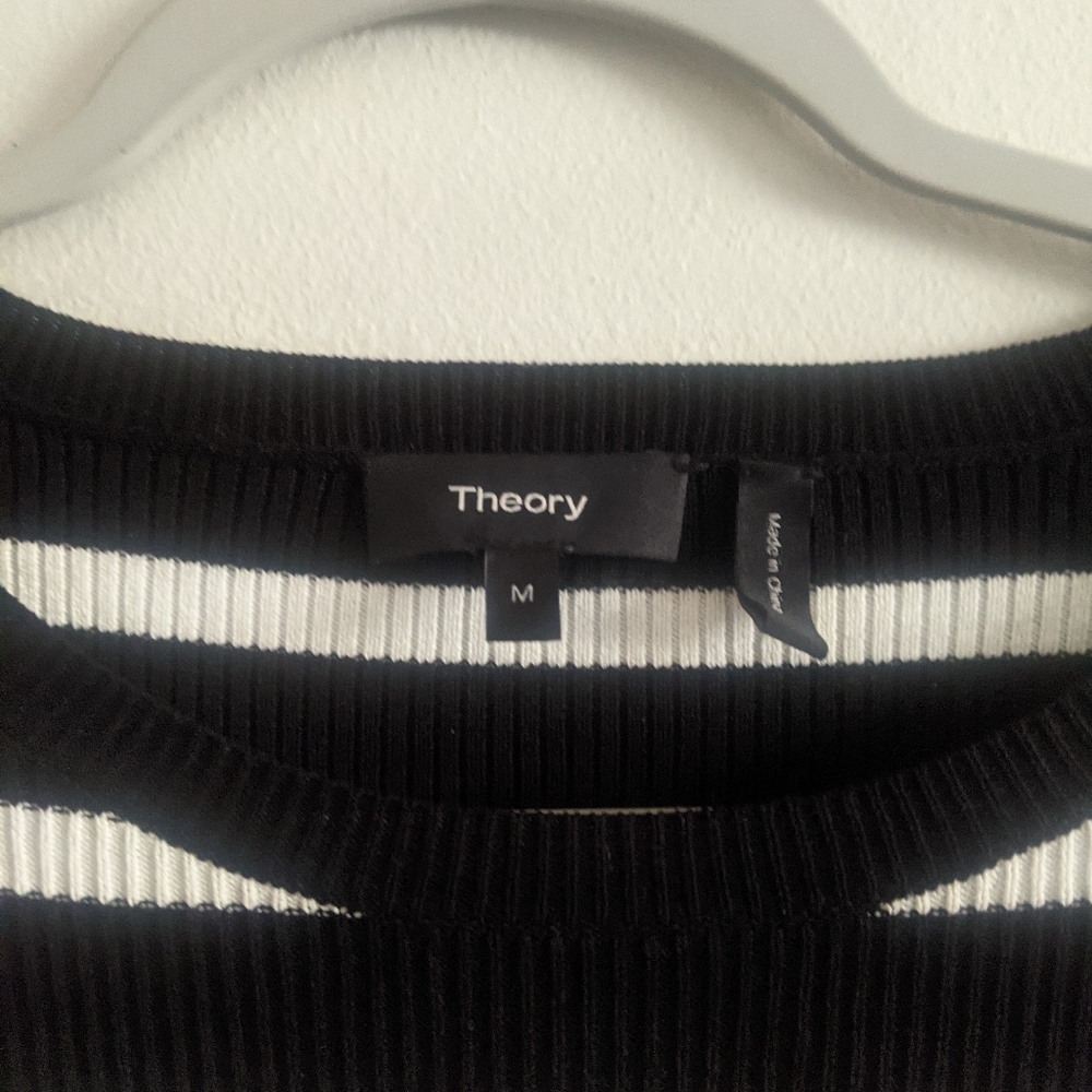 THEORY Black & White Striped Crewneck Sheath Knit Dress. - Picture 3 of 5